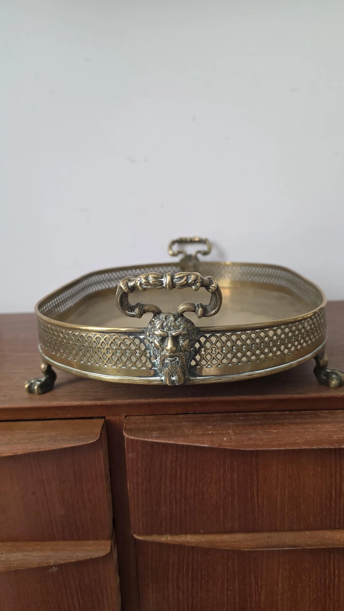 Vintage Brass Serving Tray Ornate Bacchus Handles Pierced Gallery Claw Feet Oval Vanity Bar Cart Cocktail Tray Hollywood Regency - Image 5