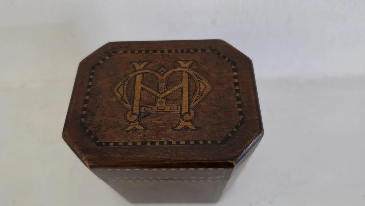 Antique Georgian Tea Caddy Wood Marquetry Inlay Monogrammed Lead Lined Octagonal Box English Regency Storage Caddy - Image 5