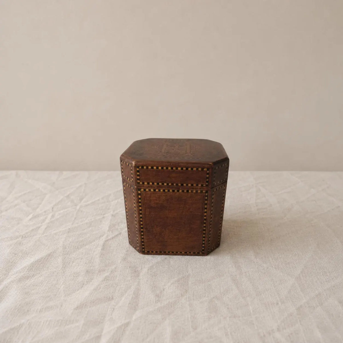 Antique Georgian Tea Caddy Wood Marquetry Inlay Monogrammed Lead Lined Octagonal Box English Regency Storage Caddy - Image 1