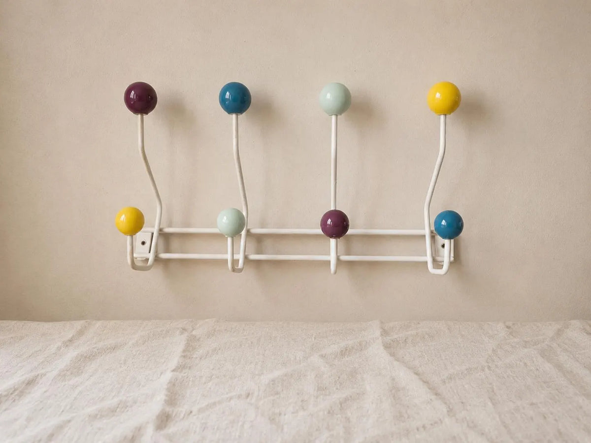 Vintage Atomic Wall Coat Rack Ceramic Ball Hooks Colorful Mid Century Modern Metal Hat Rack Space Age Entryway Decor - Image 1
