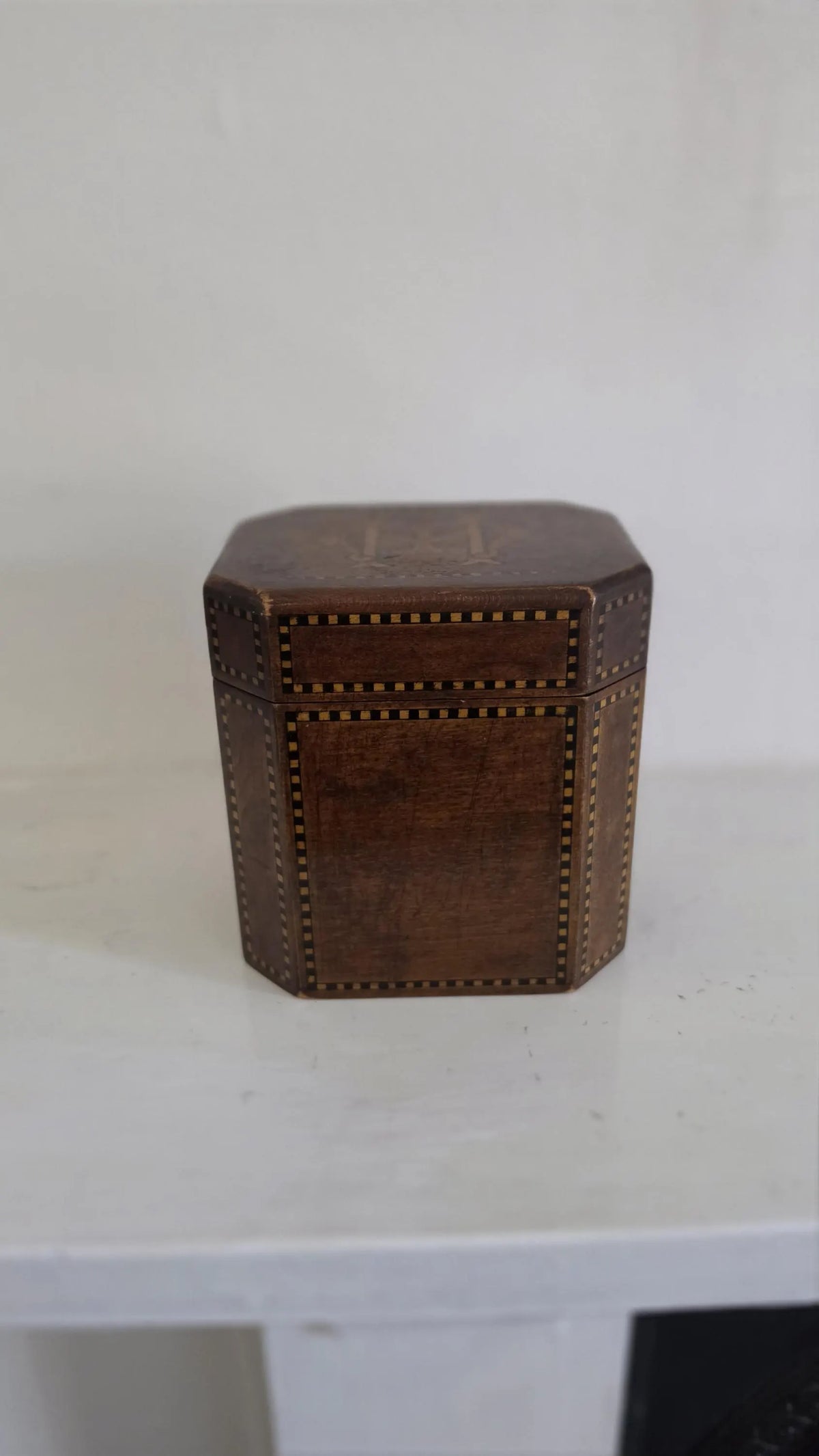 Antique Georgian Tea Caddy Wood Marquetry Inlay Monogrammed Lead Lined Octagonal Box English Regency Storage Caddy - Image 3