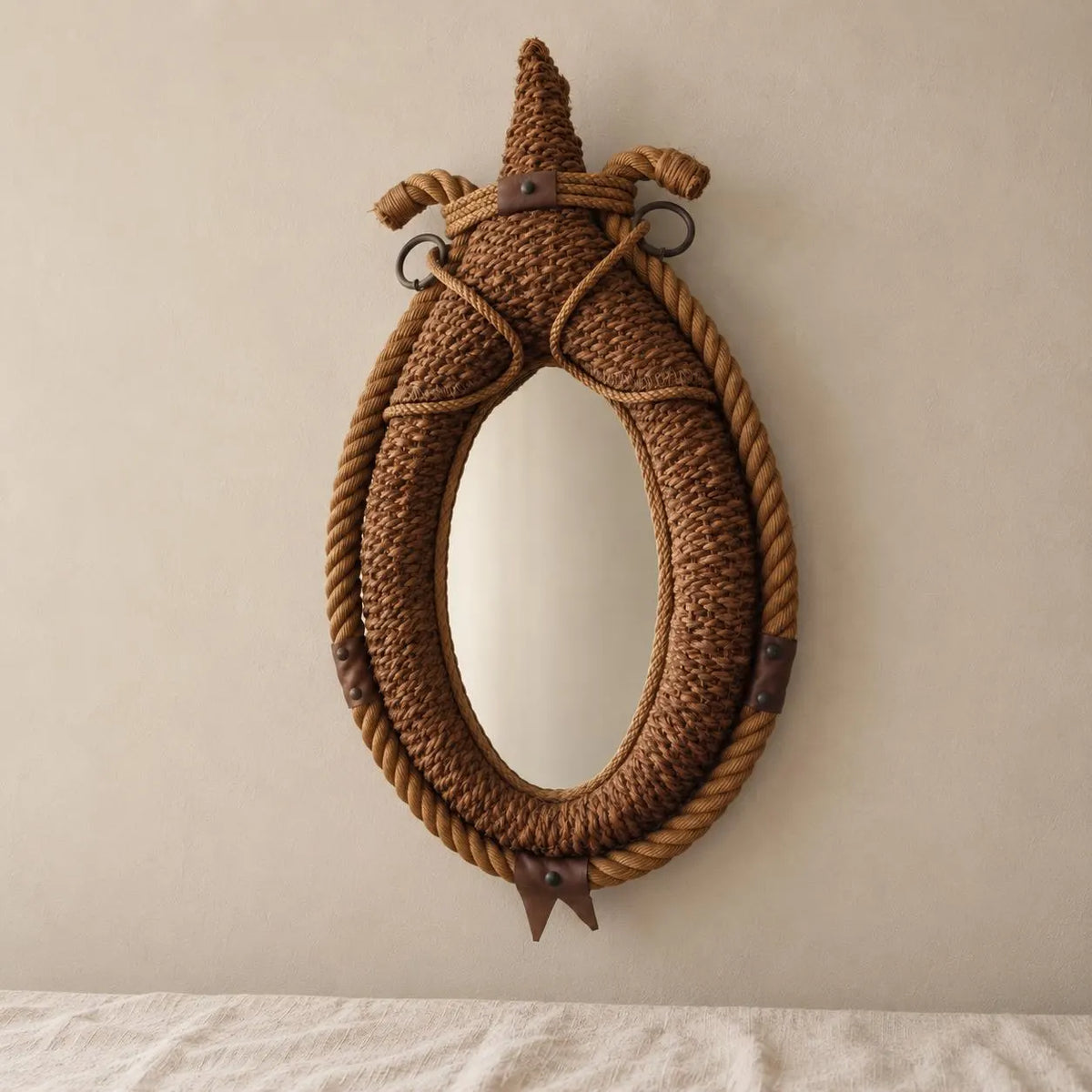 Audoux Minet Rope Mirror, Vintage French Jute Wall Mirror, Mid Century Coastal Design - Image 1