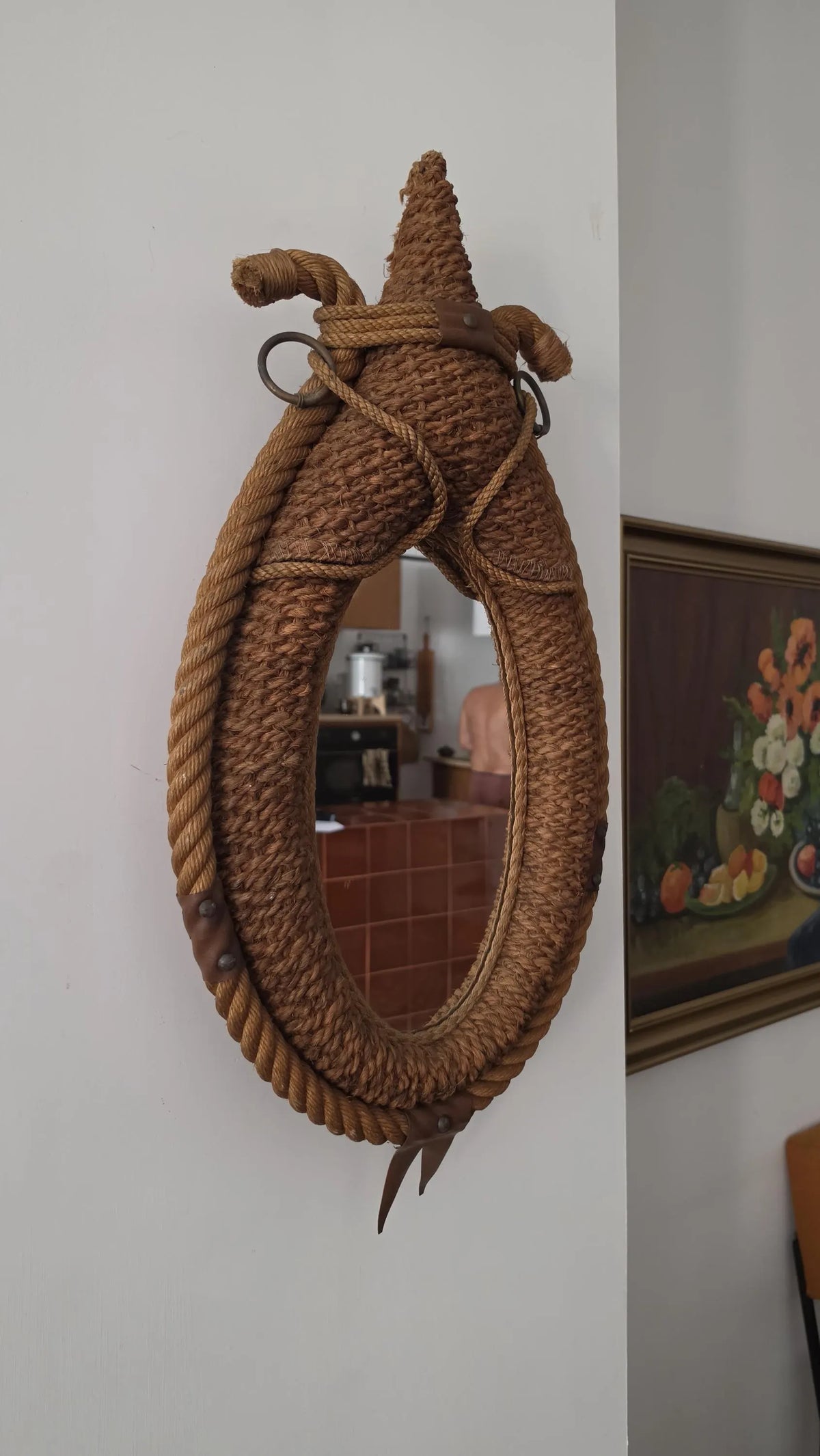 Audoux Minet Rope Mirror, Vintage French Jute Wall Mirror, Mid Century Coastal Design - Image 5