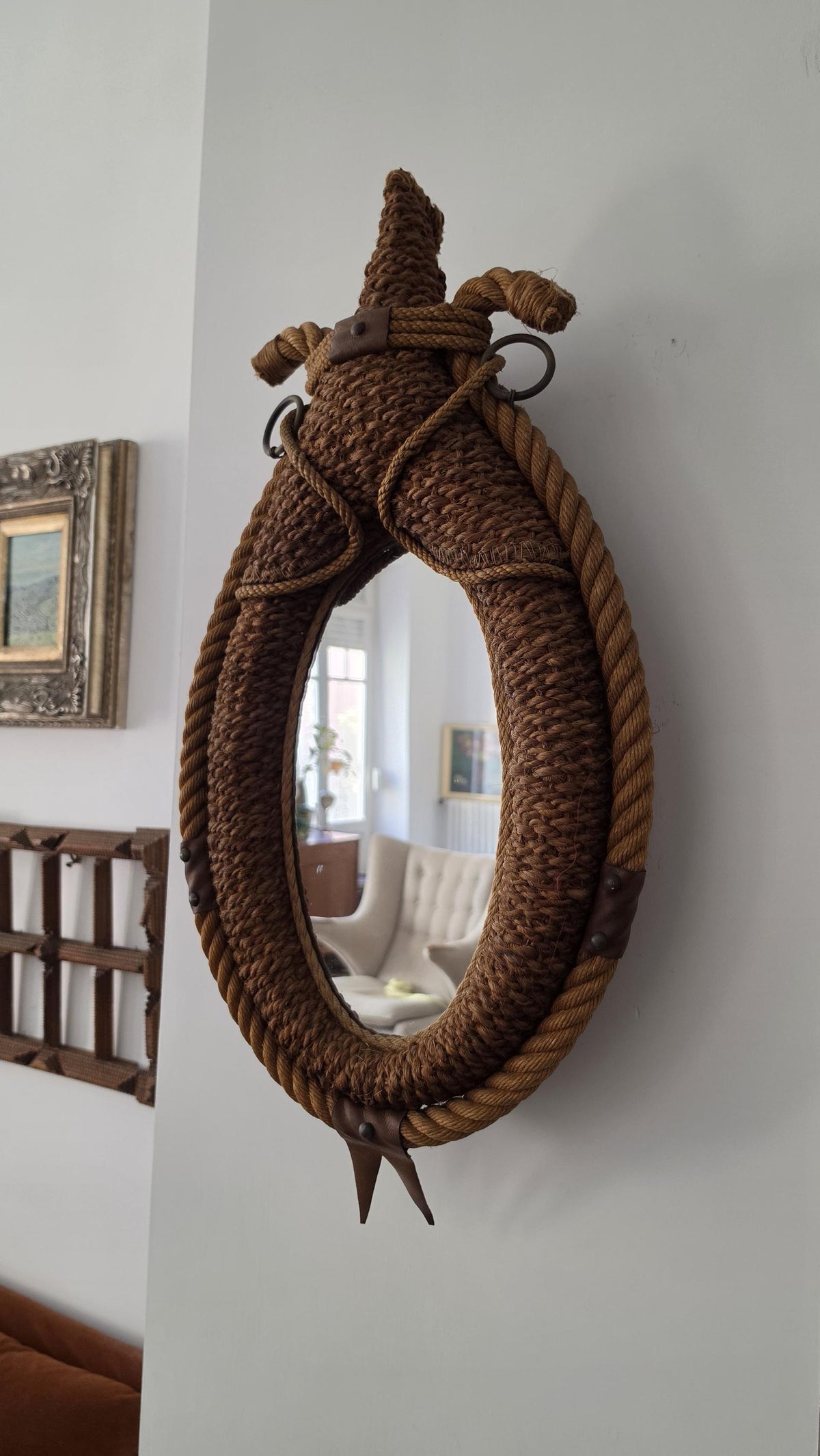 Audoux Minet Rope Mirror, Vintage French Jute Wall Mirror, Mid Century Coastal Design - Image 4