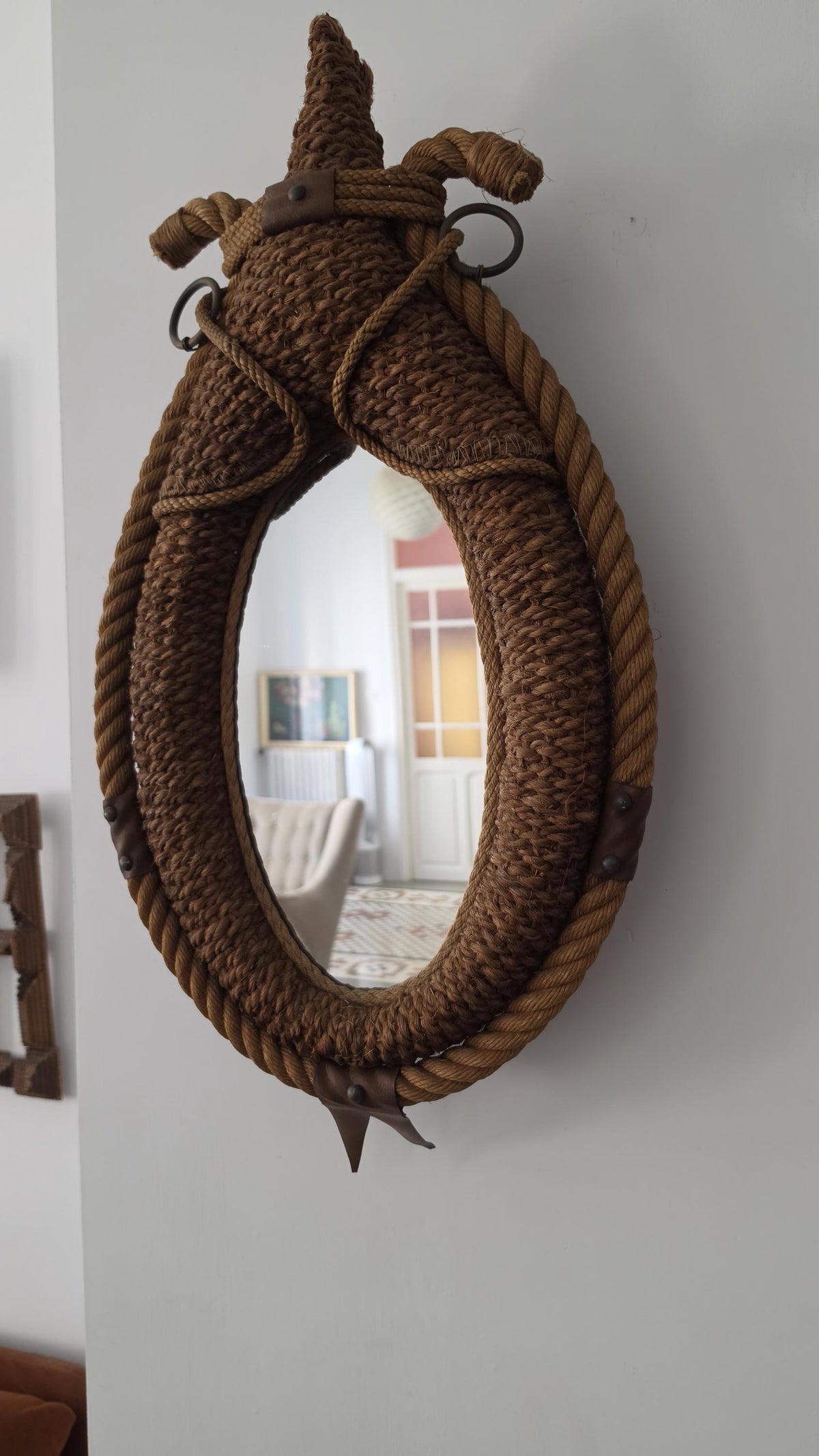 Audoux Minet Rope Mirror, Vintage French Jute Wall Mirror, Mid Century Coastal Design - Image 3