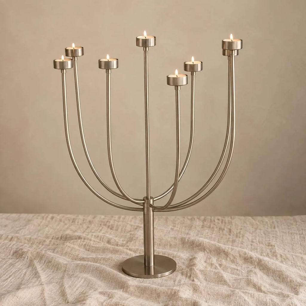 Vintage 1980s Habitat Klein Tealight Candelabra, 7 Arm Silver Metal Candle Holder, Postmodern Sculptural Table Centrepiece - Image 1