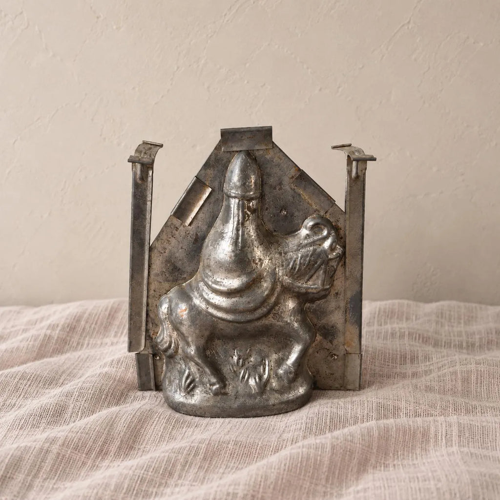 Antique French Santa Claus Chocolate Mold, Père Noël on Horse Tin Mould, Rare Equestrian Christmas Confectionery Form - Image 1