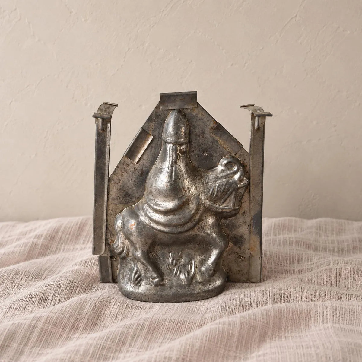 Antique French Santa Claus Chocolate Mold, Père Noël on Horse Tin Mould, Rare Equestrian Christmas Confectionery Form - Image 1