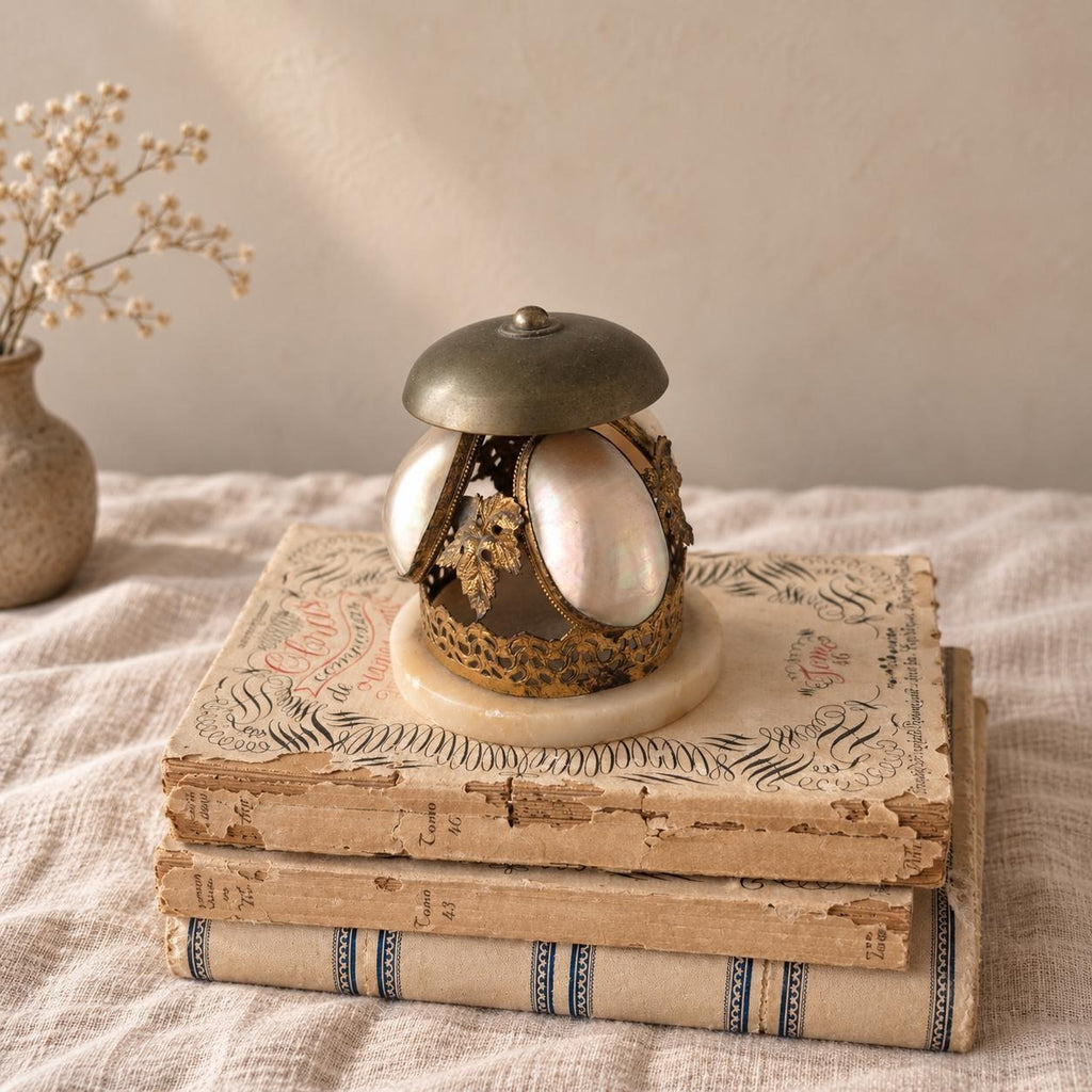 Antique Art Nouveau Hotel Bell, Le Portel Hôtel Mell Mother of Pearl Brass Desk Bell, French Belle Époque Reception Bell - Image 1