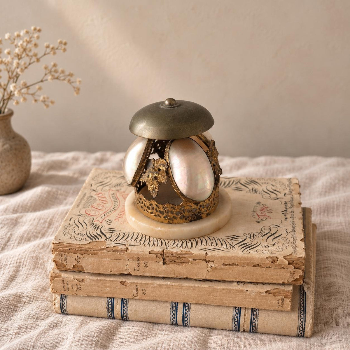 Antique Art Nouveau Hotel Bell, Le Portel Hôtel Mell Mother of Pearl Brass Desk Bell, French Belle Époque Reception Bell - Image 1