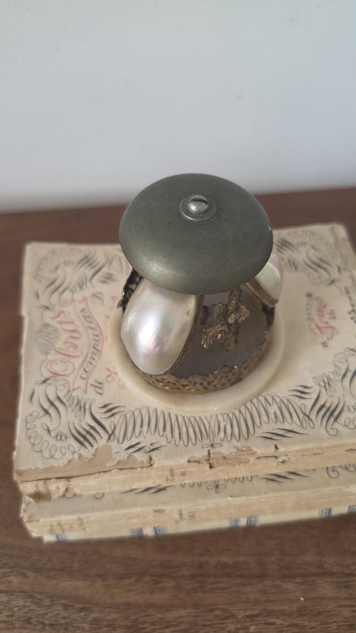 Antique Art Nouveau Hotel Bell, Le Portel Hôtel Mell Mother of Pearl Brass Desk Bell, French Belle Époque Reception Bell - Image 4