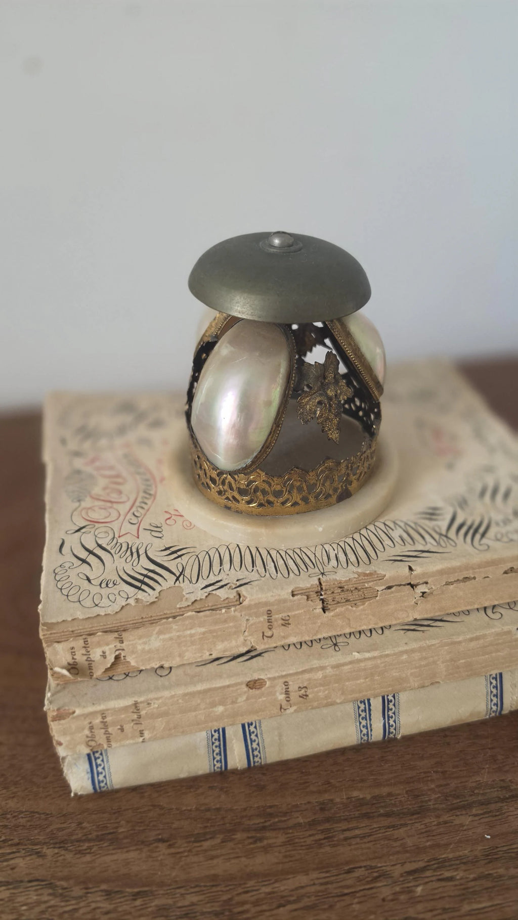 Antique Art Nouveau Hotel Bell, Le Portel Hôtel Mell Mother of Pearl Brass Desk Bell, French Belle Époque Reception Bell - Image 3