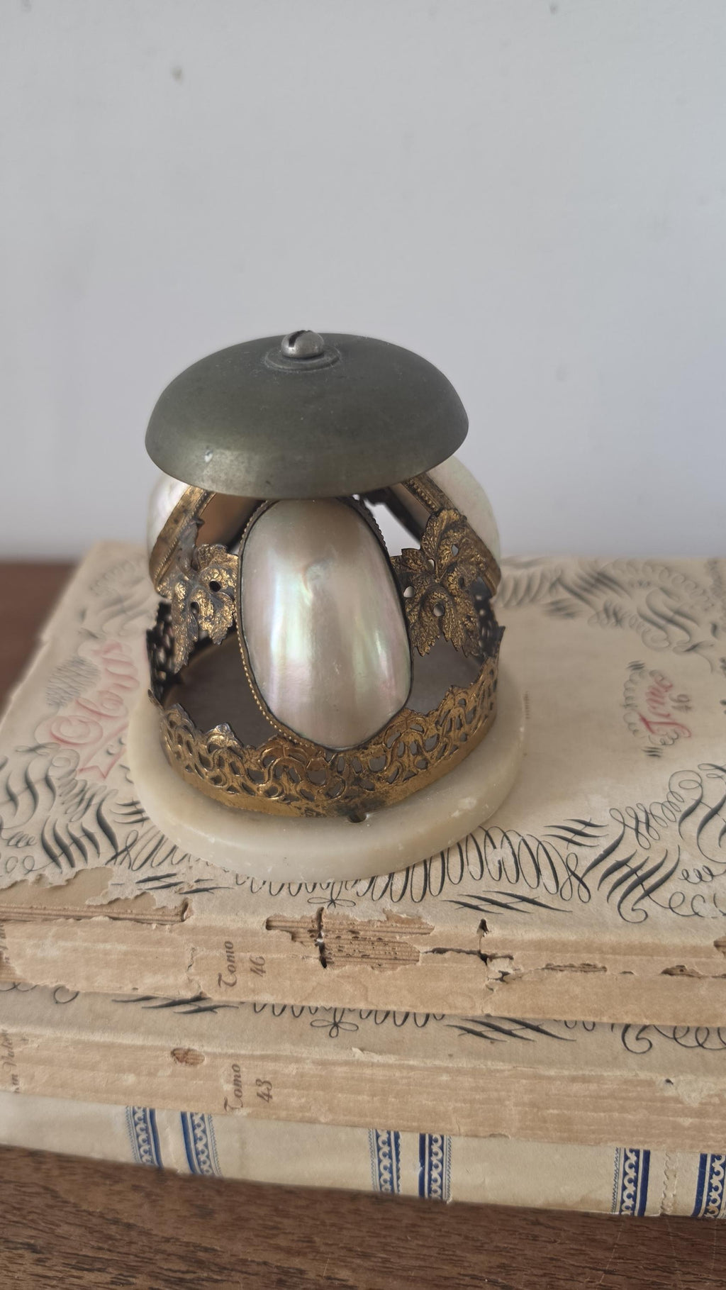 Antique Art Nouveau Hotel Bell, Le Portel Hôtel Mell Mother of Pearl Brass Desk Bell, French Belle Époque Reception Bell - Image 5