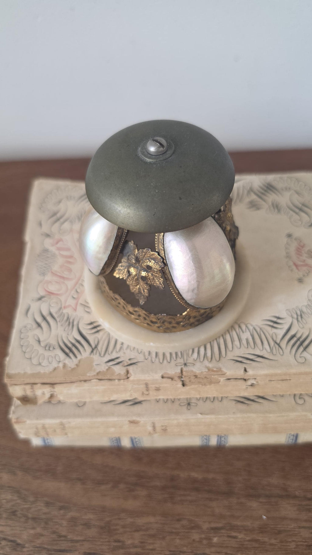 Antique Art Nouveau Hotel Bell, Le Portel Hôtel Mell Mother of Pearl Brass Desk Bell, French Belle Époque Reception Bell - Image 9