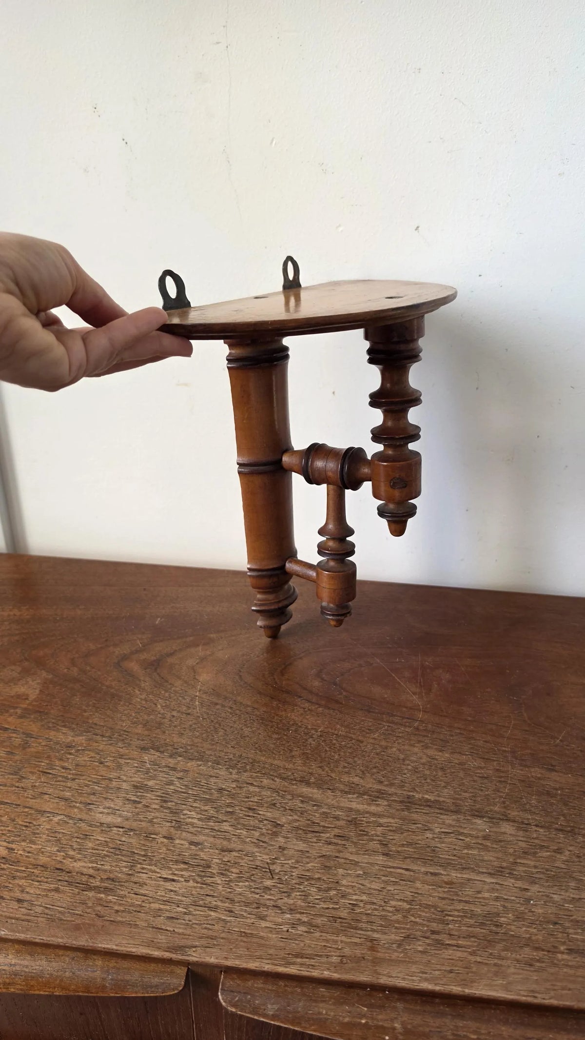 Antique French Walnut Shelf | Late 19th Century Hand-Turned Wall Bracket | Rustic Country Decor | Collectible Wood Accent - Image 4