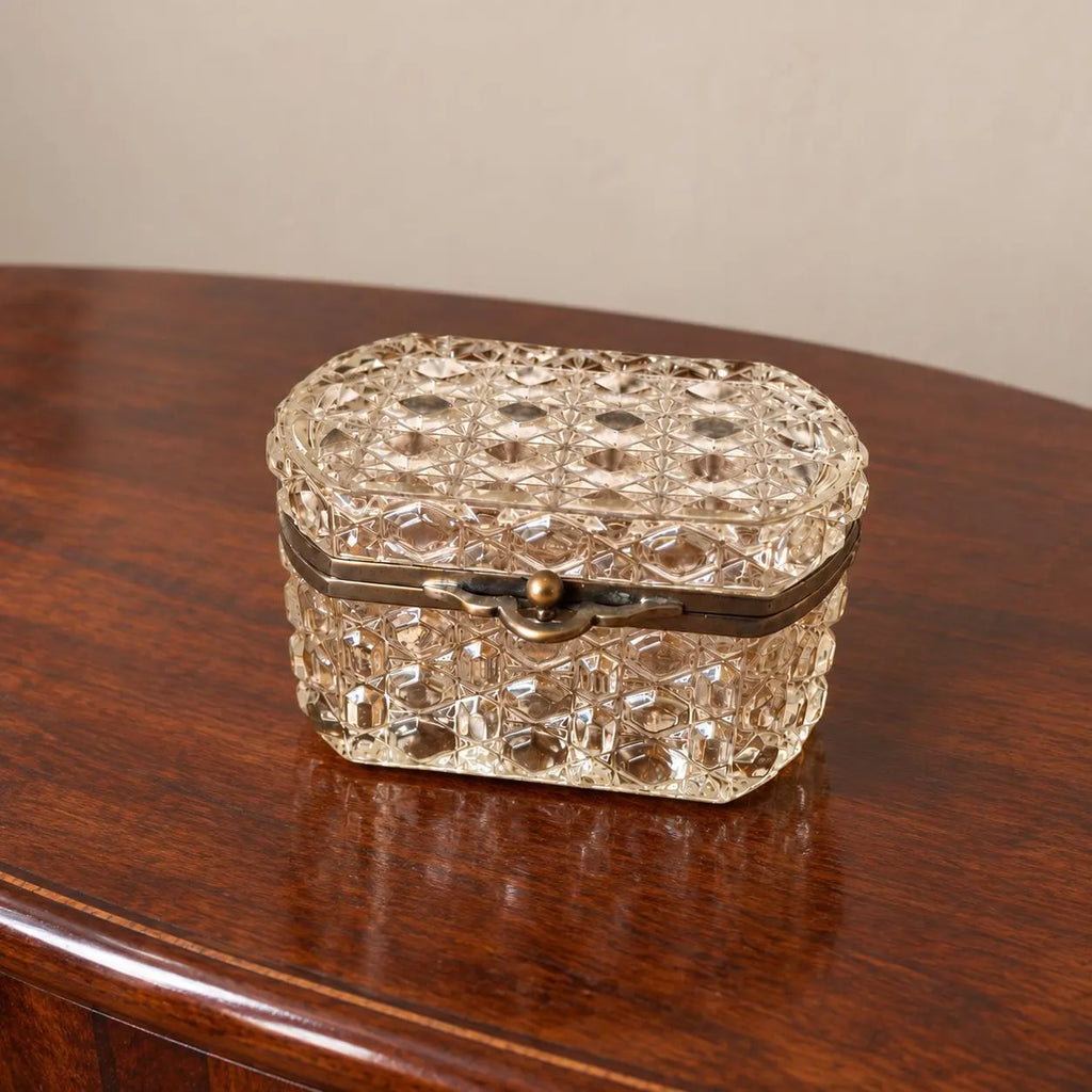 Vintage Crystal Glass Trinket Box, Brass Hinged Jewelry Casket, Diamond Cut Vanity Box, French Style Glass Keepsake Box, Ring Box - Image 1