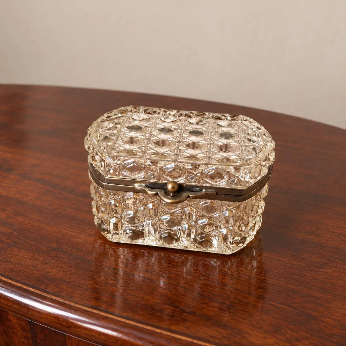 Vintage Crystal Glass Trinket Box, Brass Hinged Jewelry Casket, Diamond Cut Vanity Box, French Style Glass Keepsake Box, Ring Box - Image 1