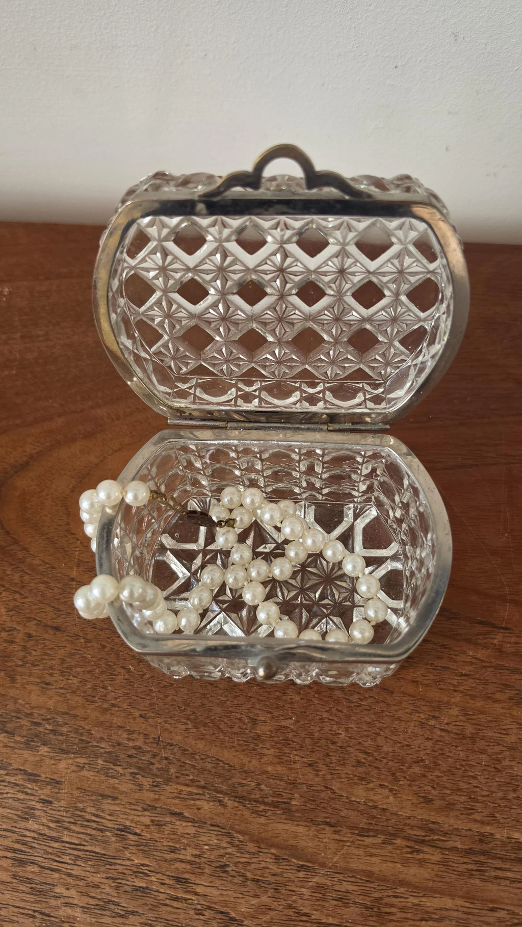 Vintage Crystal Glass Trinket Box, Brass Hinged Jewelry Casket, Diamond Cut Vanity Box, French Style Glass Keepsake Box, Ring Box - Image 7