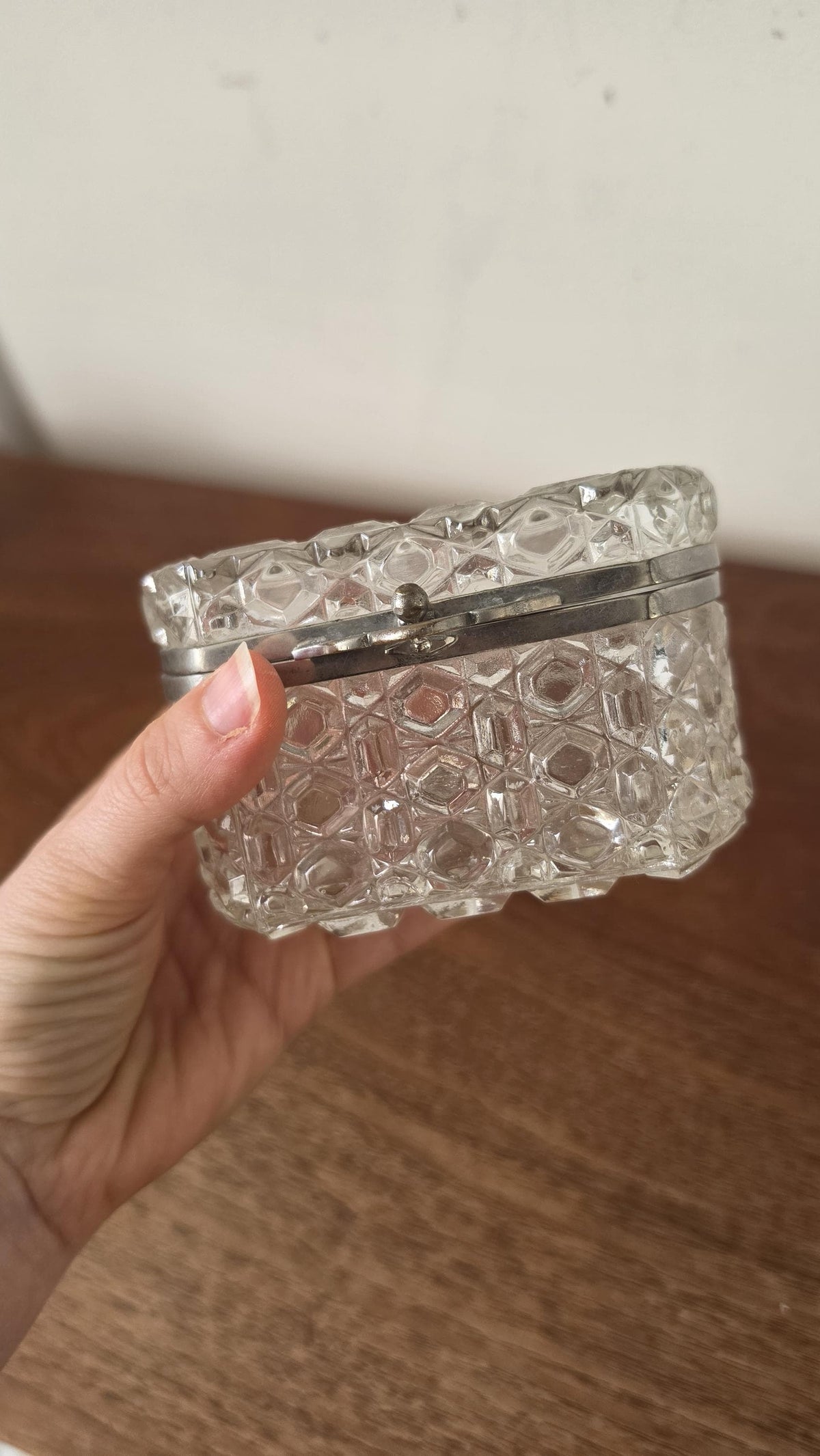 Vintage Crystal Glass Trinket Box, Brass Hinged Jewelry Casket, Diamond Cut Vanity Box, French Style Glass Keepsake Box, Ring Box - Image 11