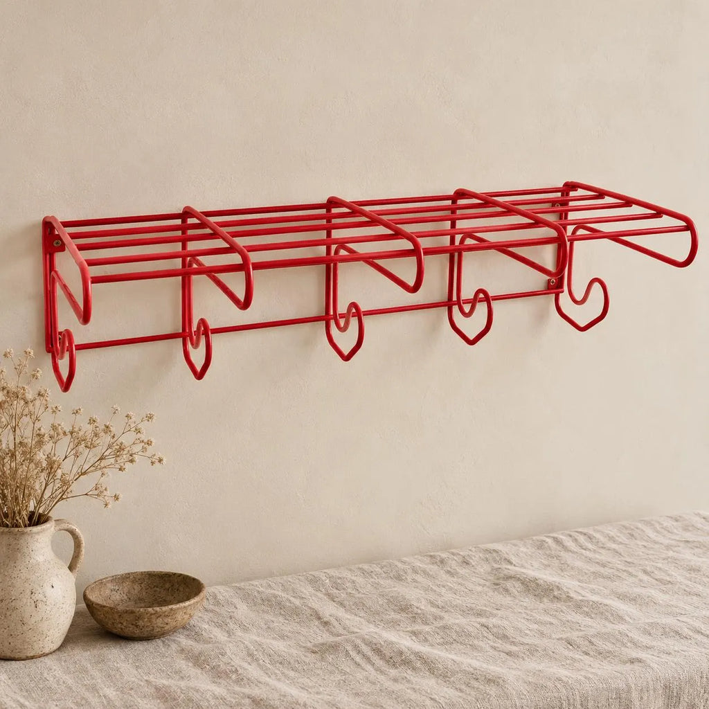Vintage Red Metal Wall Coat Rack, Mid Century Modern Hat Shelf with 6 Hooks, Retro Entryway Organizer, Industrial Wall Mounted Storage - Image 1