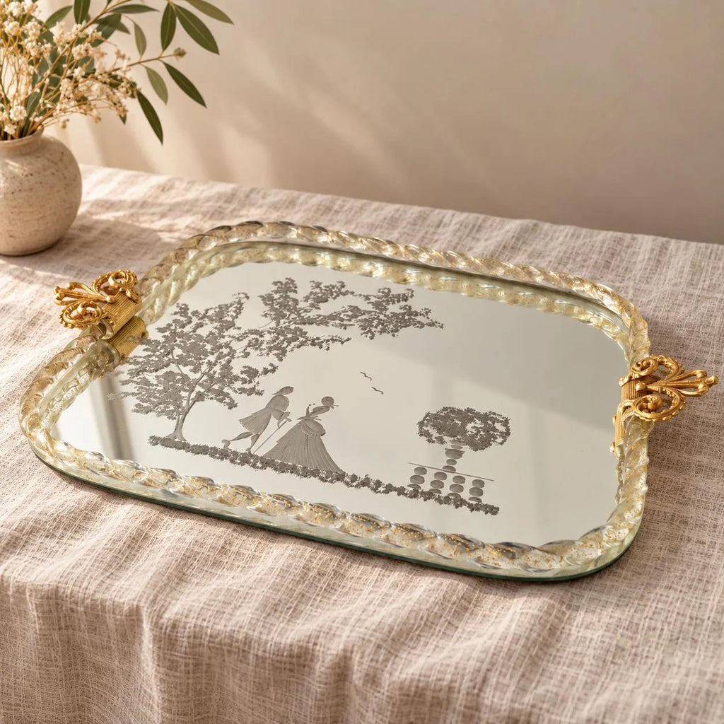 Vintage Murano Glass Mirror Tray, Gold Gilt Ornate Handles, Etched Courting Scene, Italian Vanity Perfume Tray - Image 1