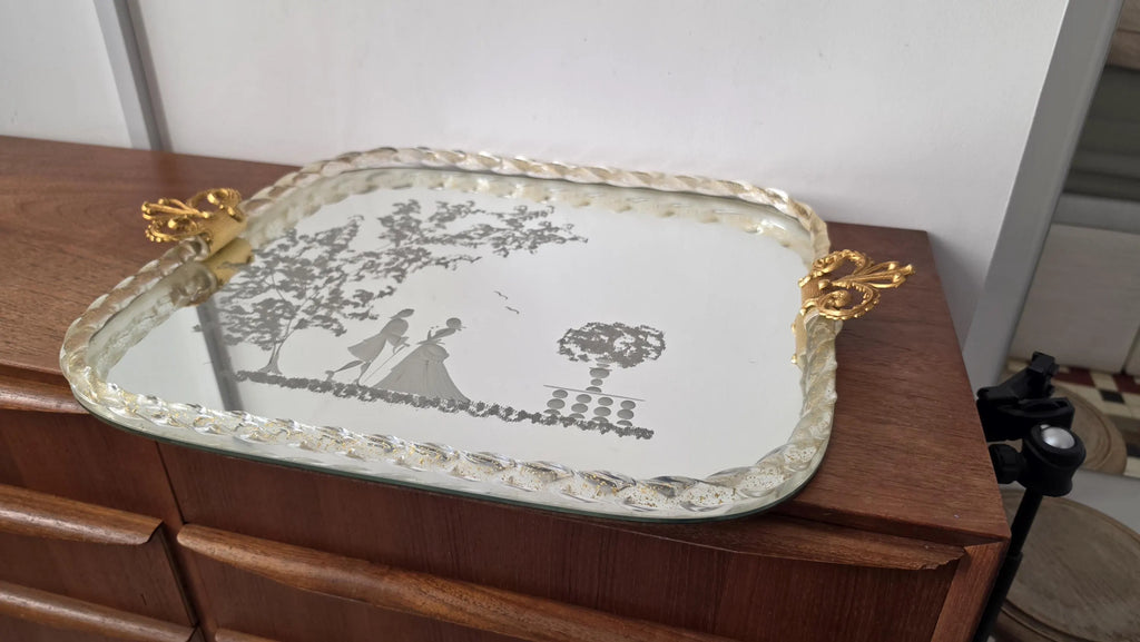Vintage Murano Glass Mirror Tray, Gold Gilt Ornate Handles, Etched Courting Scene, Italian Vanity Perfume Tray - Image 3