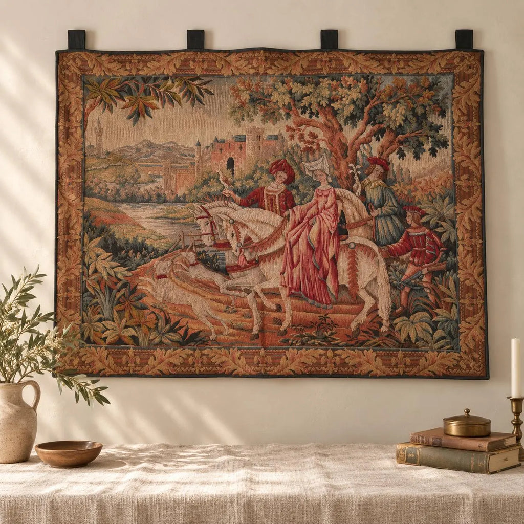 Vintage French Medieval Tapestry Wall Hanging, La Chasse Royale Marc Waymel, Castle Horse Falcon Hunt Scene, Woven Textile Art - Image 1