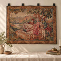 Vintage French Medieval Tapestry Wall Hanging, La Chasse Royale Marc Waymel, Castle Horse Falcon Hunt Scene, Woven Textile Art - Image 1