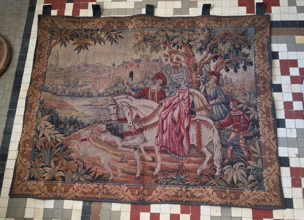 Vintage French Medieval Tapestry Wall Hanging, La Chasse Royale Marc Waymel, Castle Horse Falcon Hunt Scene, Woven Textile Art - Image 3