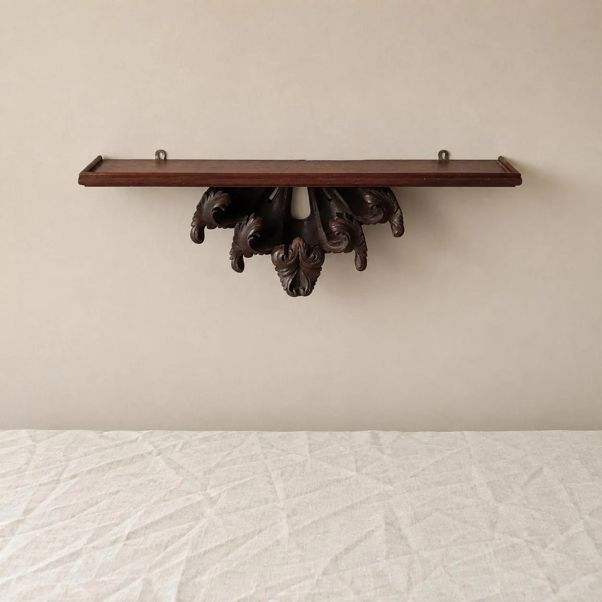 Antique Carved Wood Wall Shelf, Acanthus Leaf Corbel Display Ledge, 32 Inch Architectural Folk Art Wall Decor - Image 1