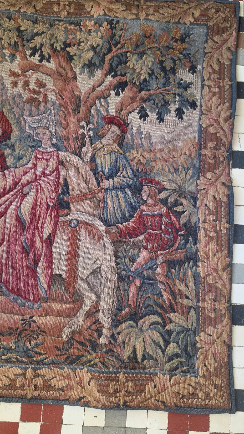 Vintage French Medieval Tapestry Wall Hanging, La Chasse Royale Marc Waymel, Castle Horse Falcon Hunt Scene, Woven Textile Art - Image 4