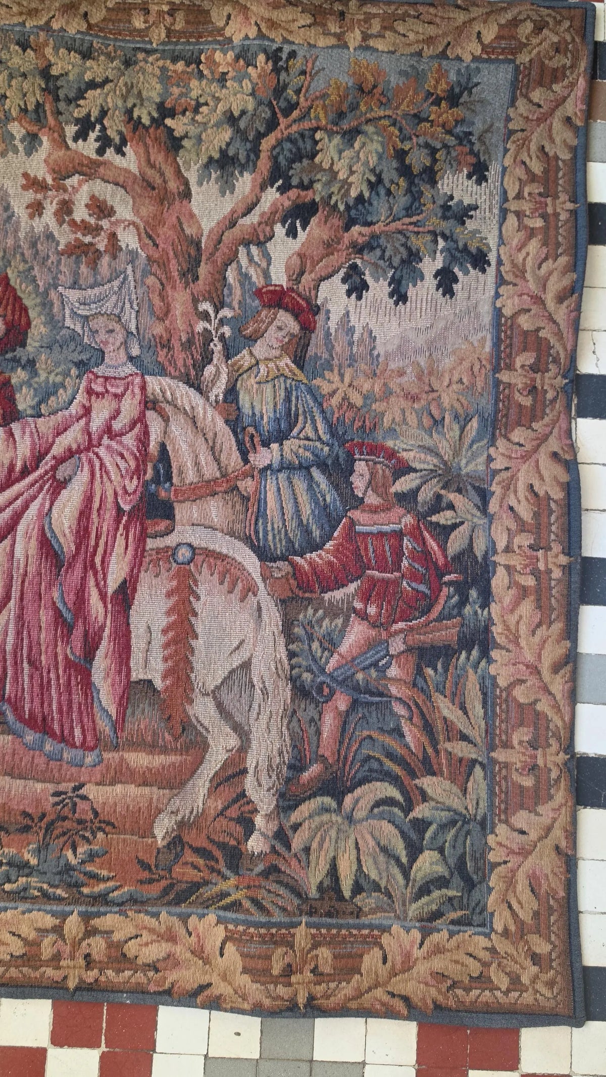 Vintage French Medieval Tapestry Wall Hanging, La Chasse Royale Marc Waymel, Castle Horse Falcon Hunt Scene, Woven Textile Art - Image 4