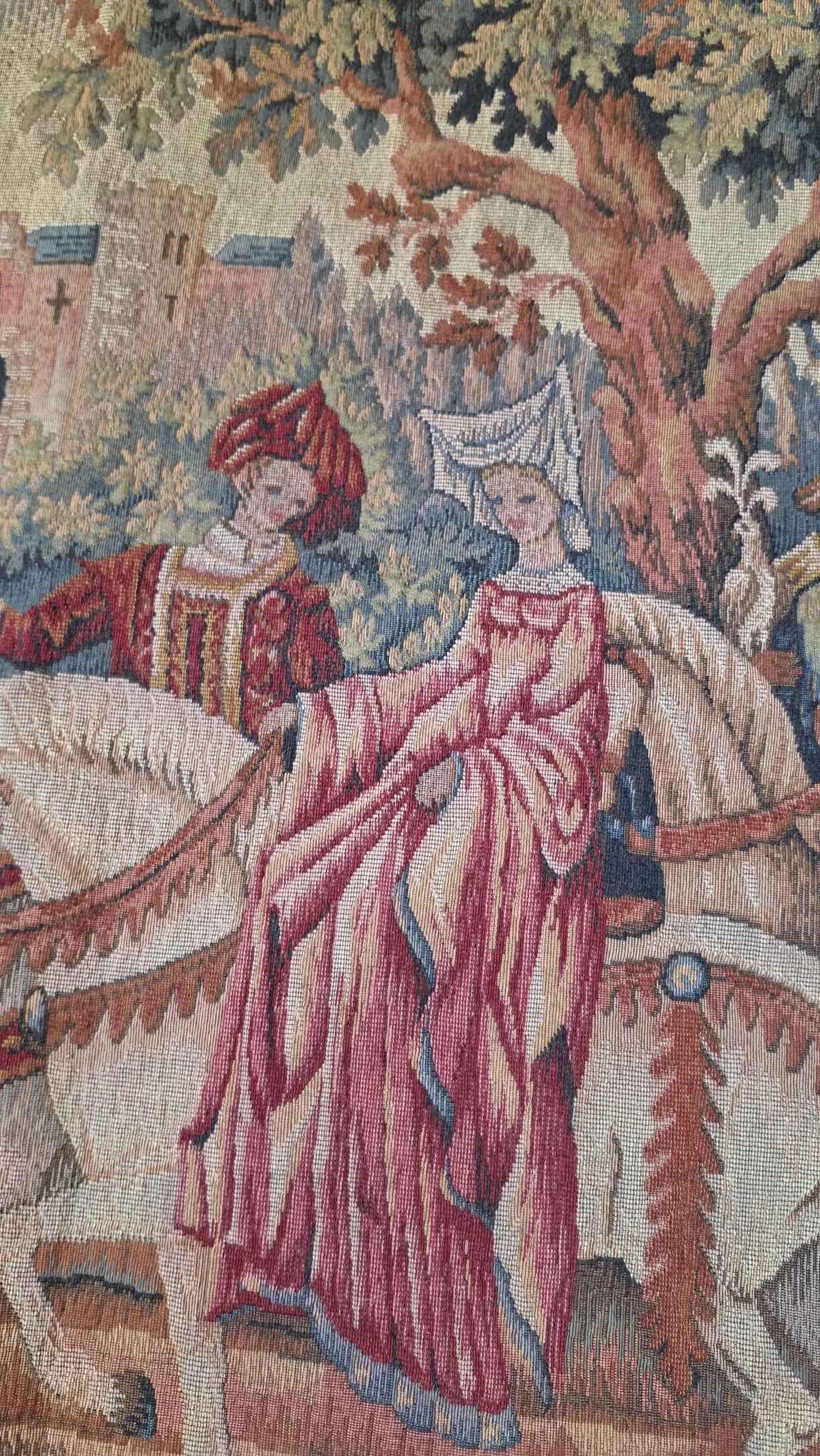 Vintage French Medieval Tapestry Wall Hanging, La Chasse Royale Marc Waymel, Castle Horse Falcon Hunt Scene, Woven Textile Art - Image 5