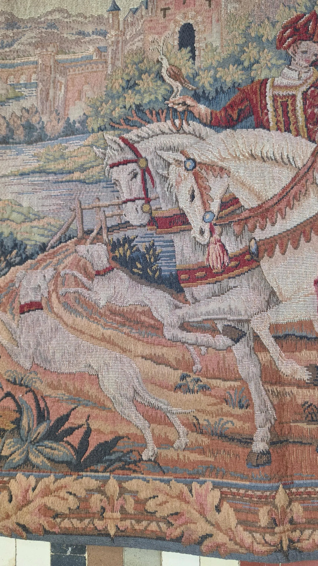 Vintage French Medieval Tapestry Wall Hanging, La Chasse Royale Marc Waymel, Castle Horse Falcon Hunt Scene, Woven Textile Art - Image 6