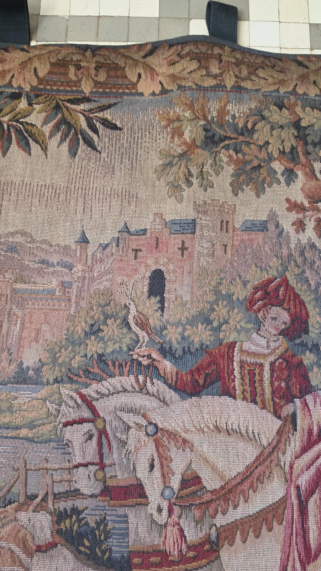 Vintage French Medieval Tapestry Wall Hanging, La Chasse Royale Marc Waymel, Castle Horse Falcon Hunt Scene, Woven Textile Art - Image 7