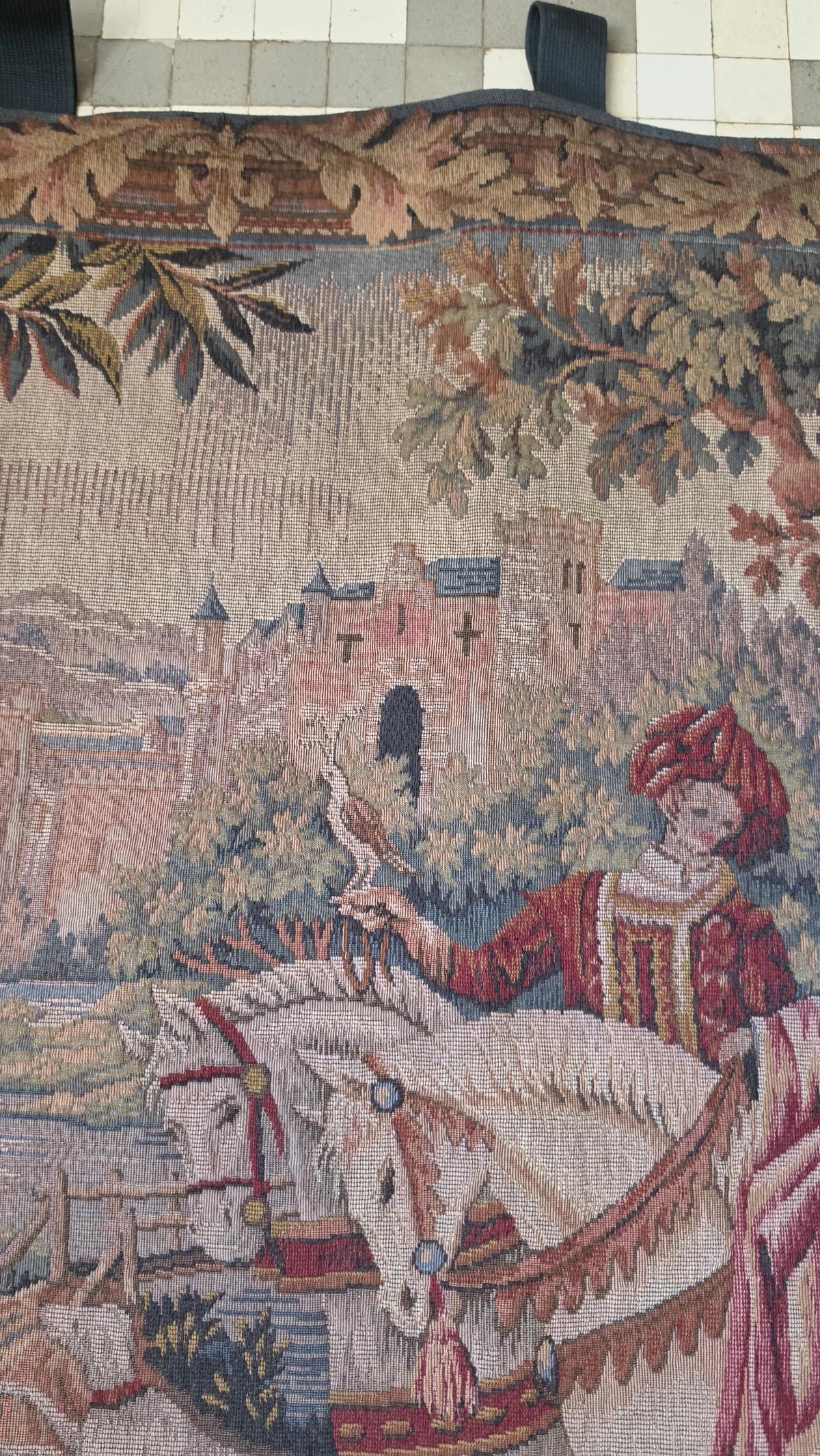 Vintage French Medieval Tapestry Wall Hanging, La Chasse Royale Marc Waymel, Castle Horse Falcon Hunt Scene, Woven Textile Art - Image 7