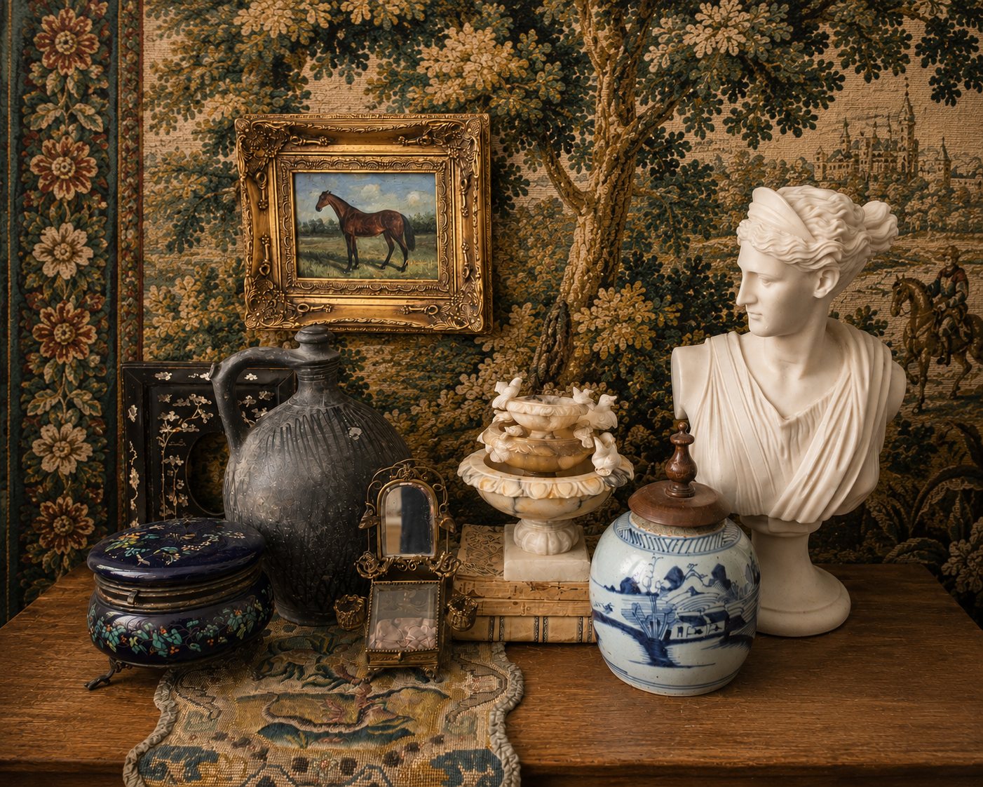 Curated vintage and antique objects styled against an antique tapestry, Galaida Studios homepage hero