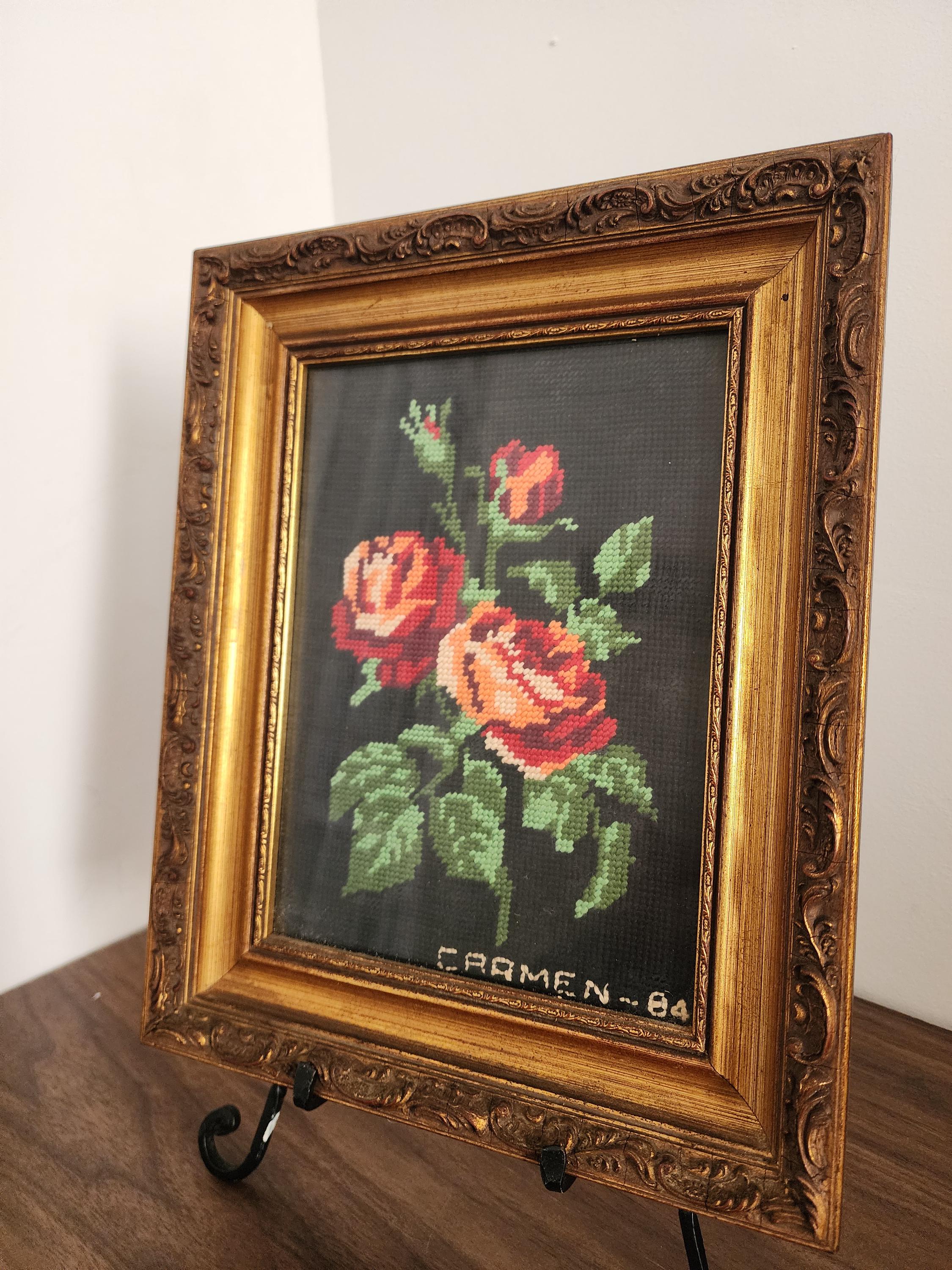 Vintage Spanish Needlepoint Floral Art in Ornate Gilt Frame 1984 Hand Stitched Roses Textile Wall Decor Embroidery Picture