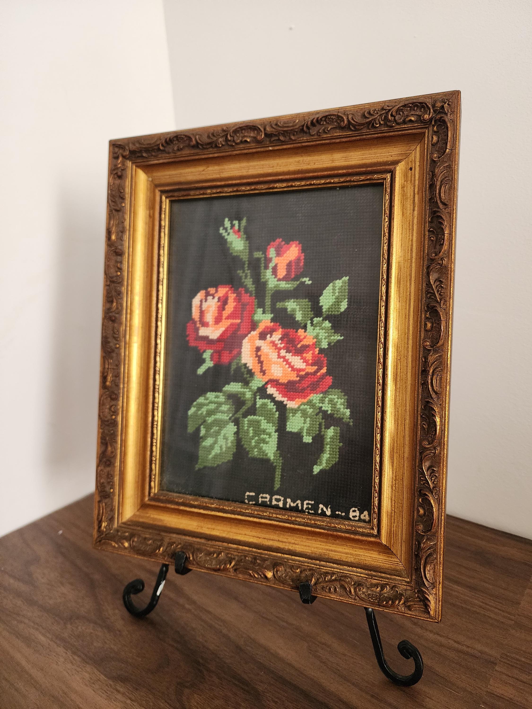 Vintage Spanish Needlepoint Floral Art in Ornate Gilt Frame 1984 Hand Stitched Roses Textile Wall Decor Embroidery Picture