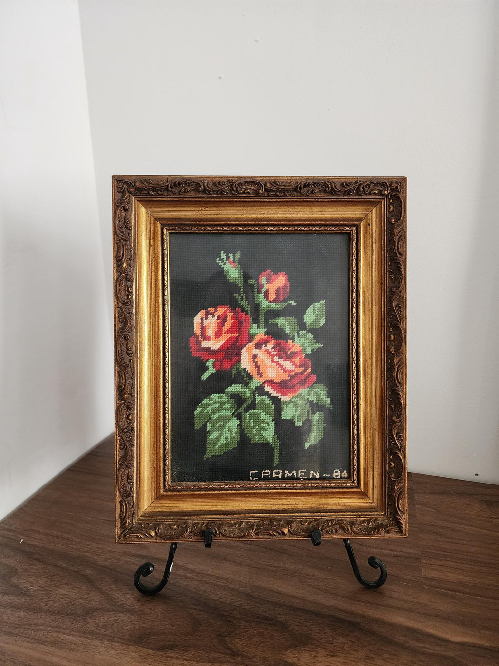 Vintage Spanish Needlepoint Floral Art in Ornate Gilt Frame 1984 Hand Stitched Roses Textile Wall Decor Embroidery Picture