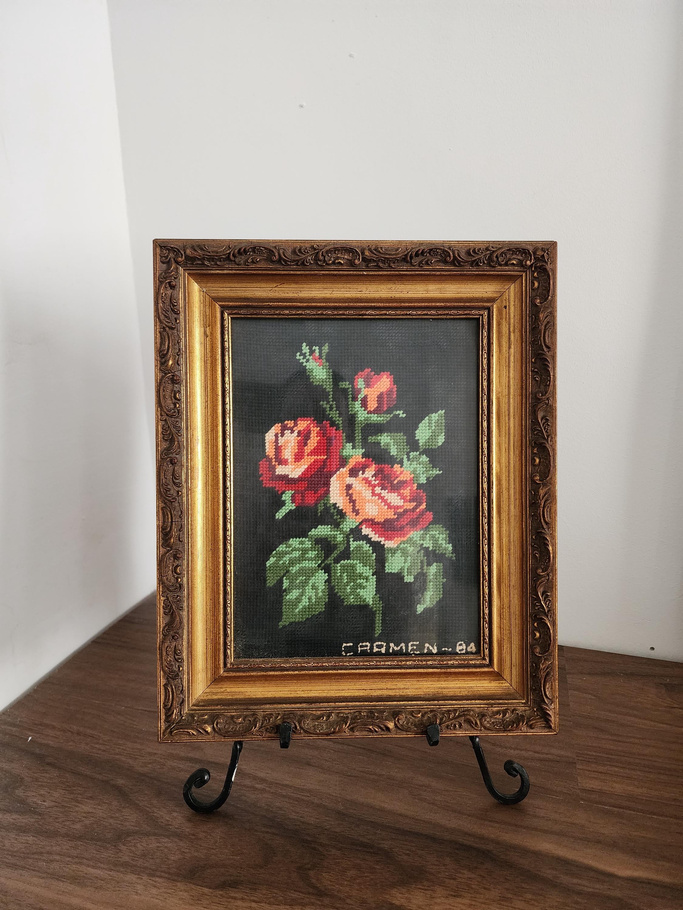 Vintage Spanish Needlepoint Floral Art in Ornate Gilt Frame 1984 Hand Stitched Roses Textile Wall Decor Embroidery Picture