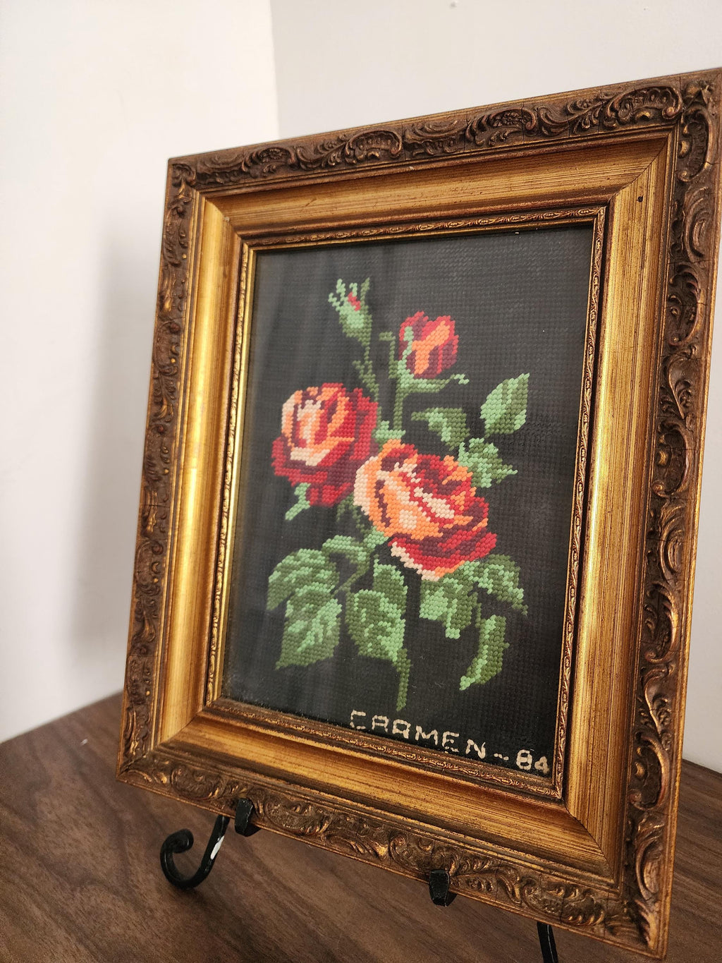 Vintage Spanish Needlepoint Floral Art in Ornate Gilt Frame 1984 Hand Stitched Roses Textile Wall Decor Embroidery Picture