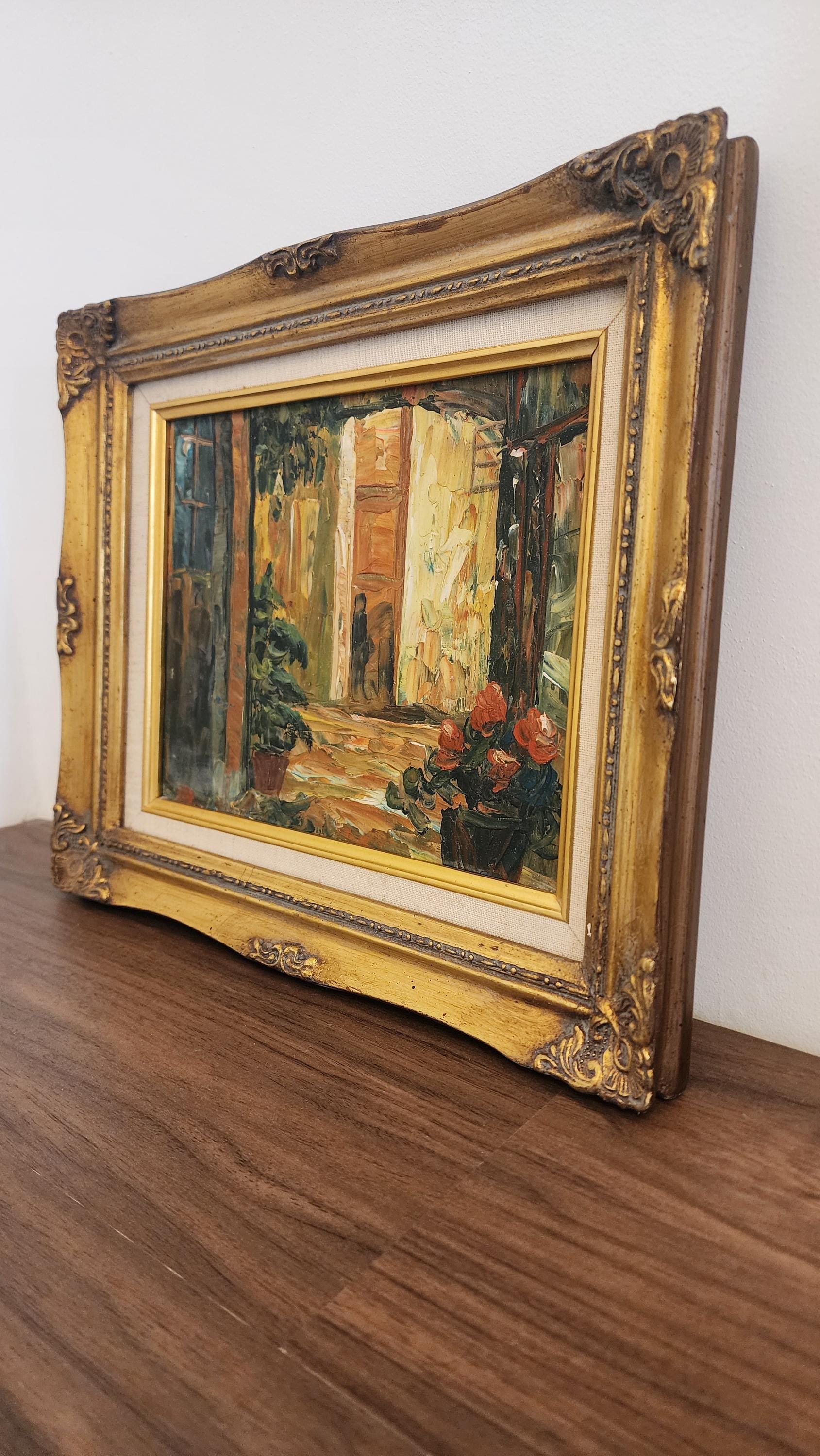 Vintage Framed Oil Painting – Courtyard Scene in Gold Frame | Impressionist Style Wall Art