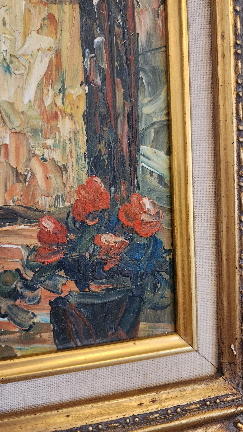 Vintage Framed Oil Painting – Courtyard Scene in Gold Frame | Impressionist Style Wall Art
