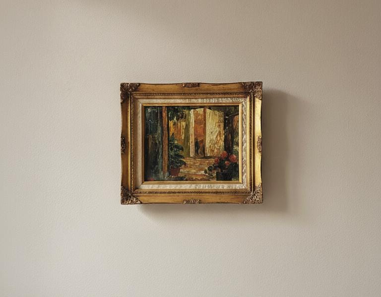 Vintage Framed Oil Painting, Courtyard Scene in Gold Frame