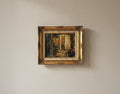 Vintage Framed Oil Painting, Courtyard Scene in Gold Frame