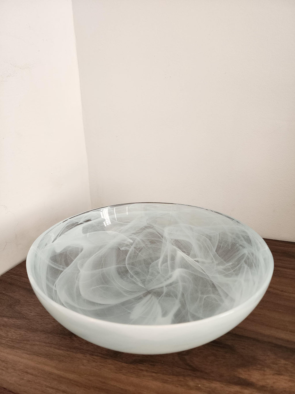 Vintage Swirled Glass Bowl White Smoke Pattern Centerpiece 11" (28cm) Decorative Heavy Art Glass Bowl Modern Minimalist Home Decor