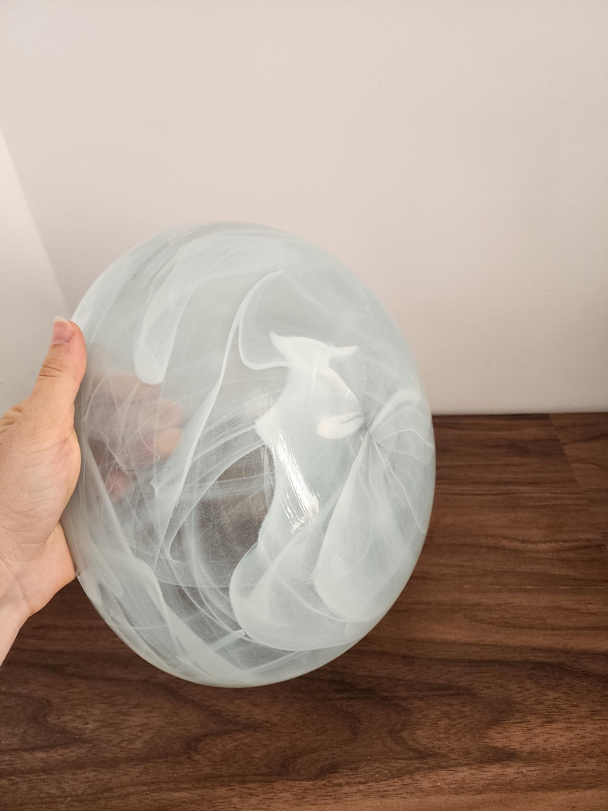 Vintage Swirled Glass Bowl White Smoke Pattern Centerpiece 11" (28cm) Decorative Heavy Art Glass Bowl Modern Minimalist Home Decor