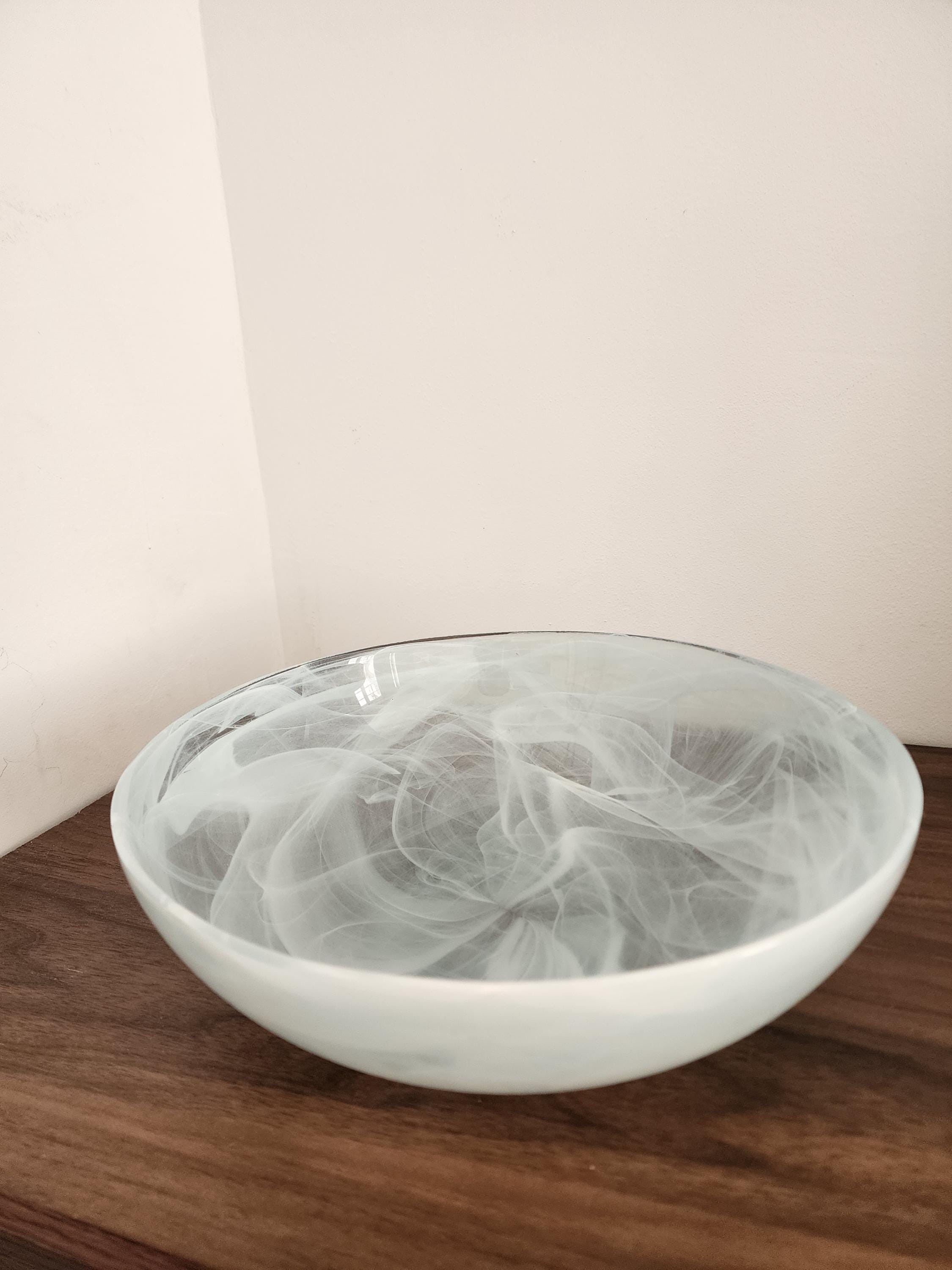Vintage Swirled Glass Bowl White Smoke Pattern Centerpiece 11" (28cm) Decorative Heavy Art Glass Bowl Modern Minimalist Home Decor