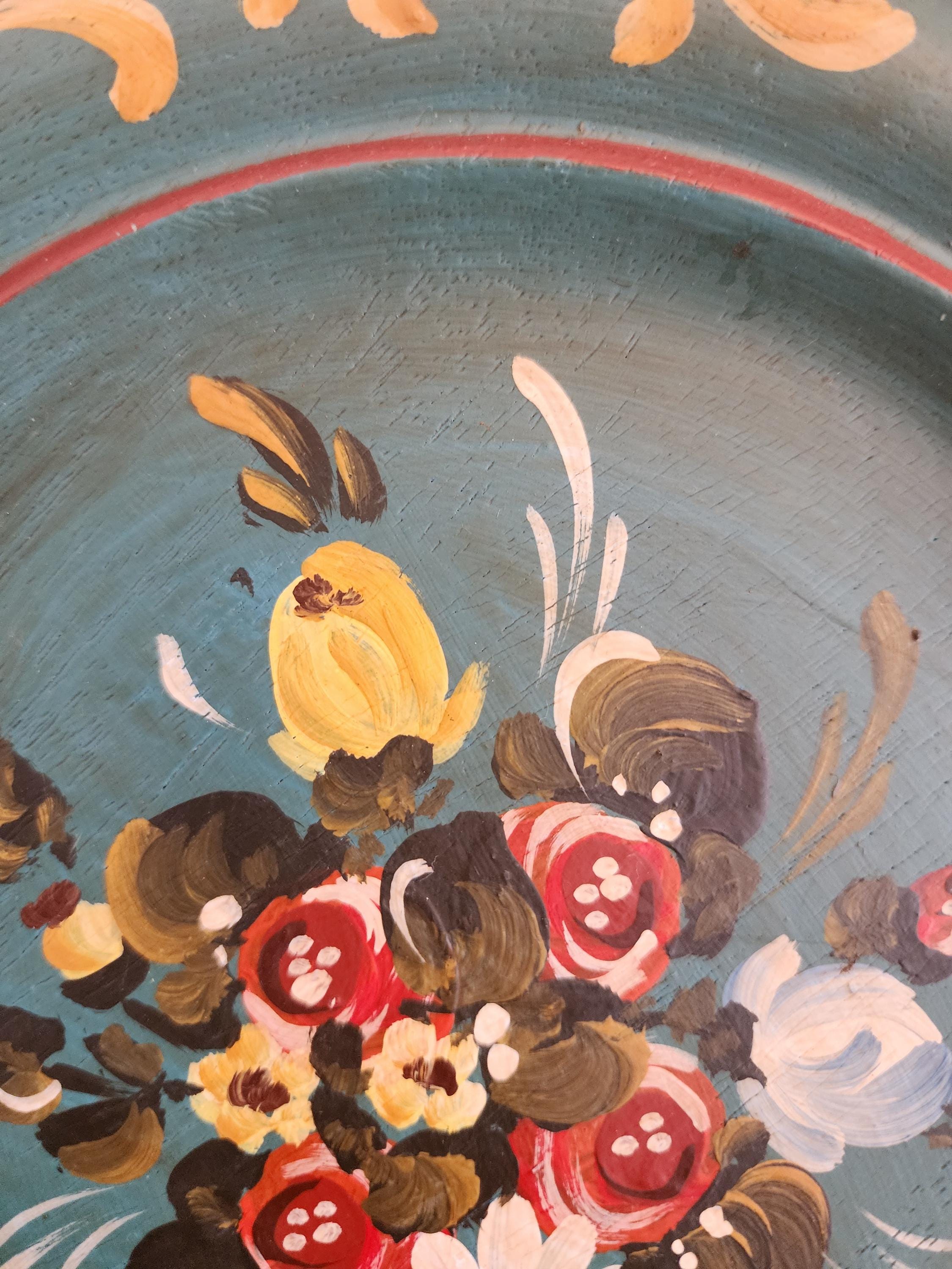 Vintage Swedish Hand Painted Wooden Plate | Folk Art Floral Wall Decor | Scandinavian Rustic Kitchenware | Boho Country Style Gift